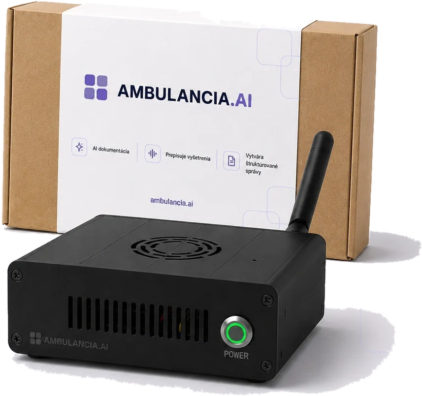 Lokálne AI zariadenie AMBULANCIA.AI s anténou a balením