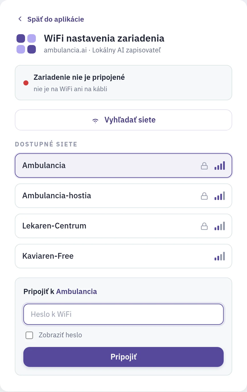 Stránka WiFi nastavenia zariadenia: stav Zariadenie nie je pripojené, zoznam dostupných sietí a pod vybranou sieťou pole Heslo k WiFi s tlačidlom Pripojiť