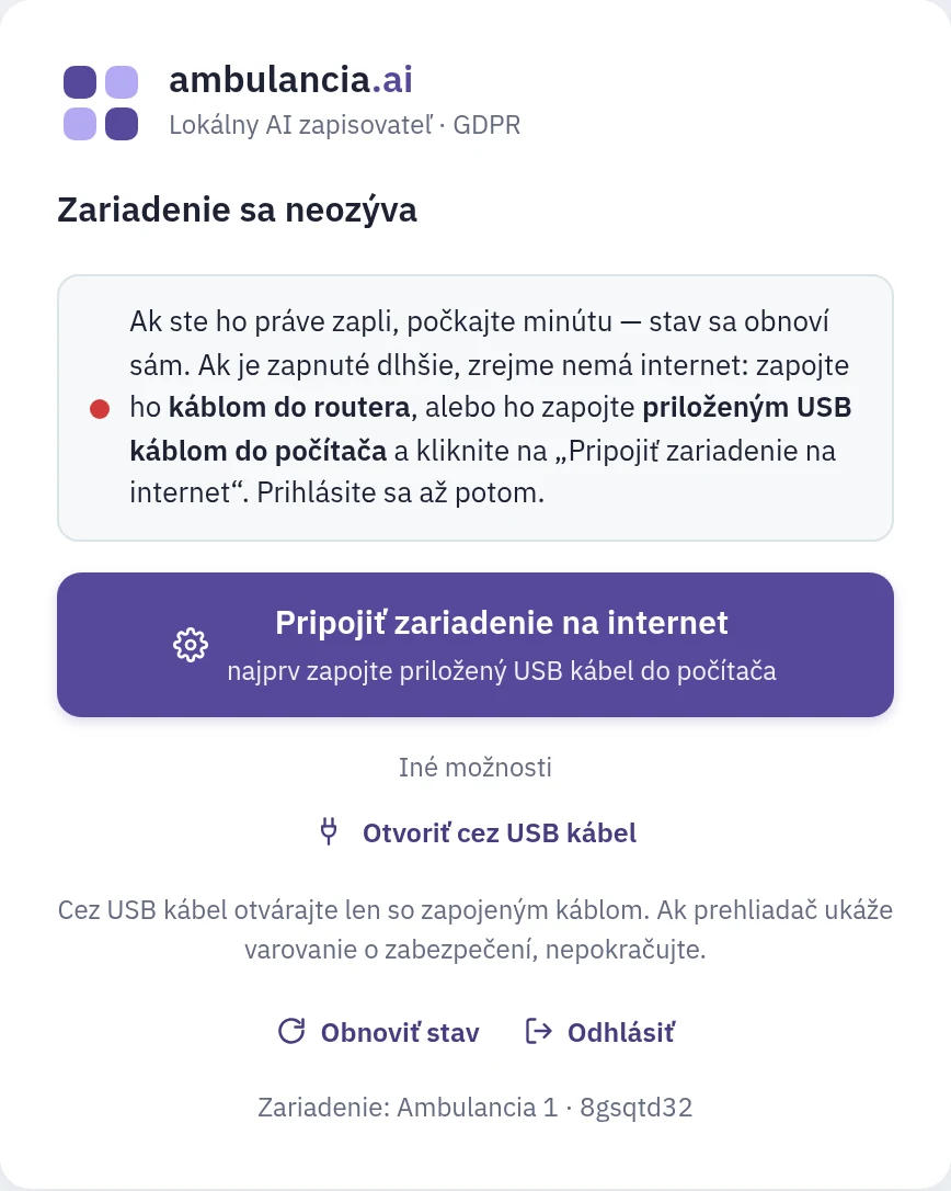 Stránka ambulancia.ai/app so stavom Zariadenie sa neozýva a hlavným tlačidlom Pripojiť zariadenie na internet