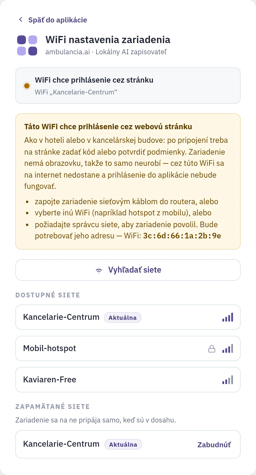 Stránka WiFi nastavenia zariadenia s oranžovým stavom WiFi chce prihlásenie cez stránku a žltým blokom s návodom a adresou zariadenia pre správcu siete